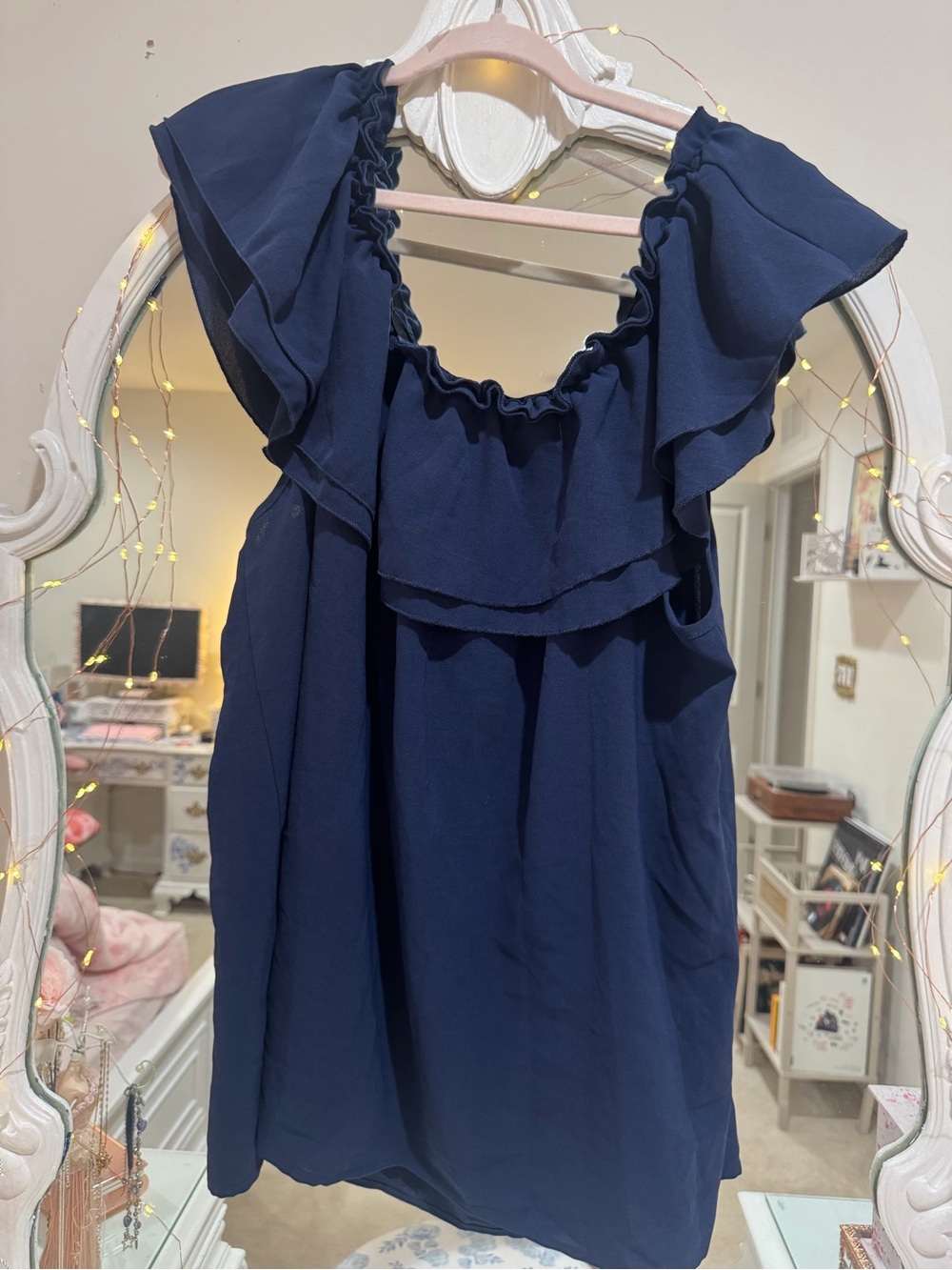 Navy Ruffle Neck Off the shoulder Top